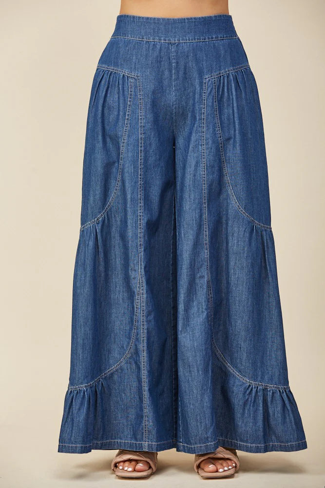 Mid denim palazzo pants with elastic waistband, tiered wide skirt-like hem