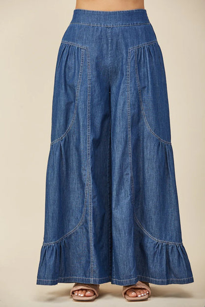 Mid denim palazzo pants with elastic waistband, tiered wide skirt-like hem