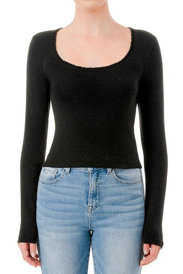SCOOP NECK RIB LONG SLEEVE TOP IN BLACK FRONT VIEW