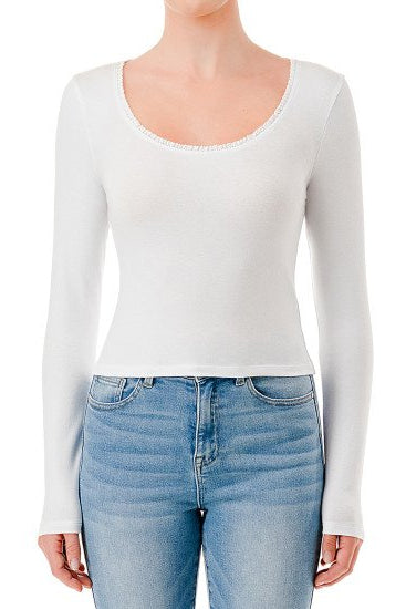 SCOOP NECK RIB LONG SLEEVE TOP IN WHITE FRONT VIEW