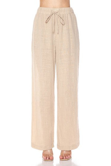 SLUB WIDE LEG PANTS IN BEIGE FRONT VIEW