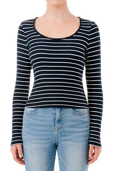 STRIPED LACE LONG SLEEVE TOP IN NAVY FRONT VIEW