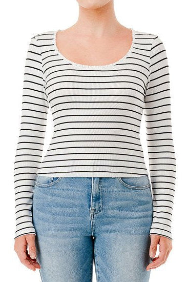 STRIPED LACE LONG SLEEVE TOP IN WHITE FRONT VIEW