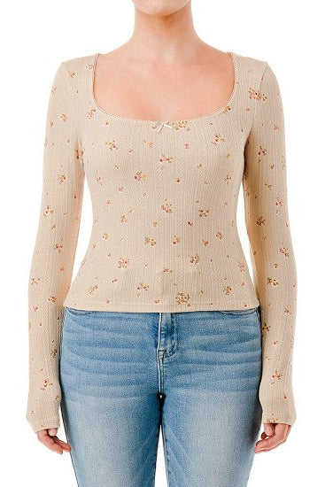 FLORAL LONG SLEEVE LACE TOP IN BEIGE FRONT VIEW