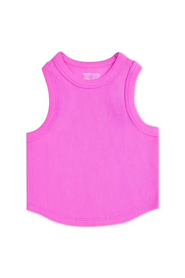 CROPPED RUCHED RACERBACK TANK IN PRETTY PINK FRONT VIEW