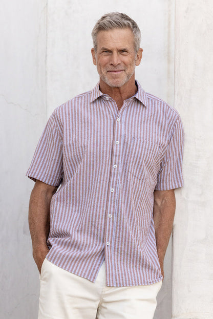 Short sleeve pocket shirt, vertical stripe button-front
