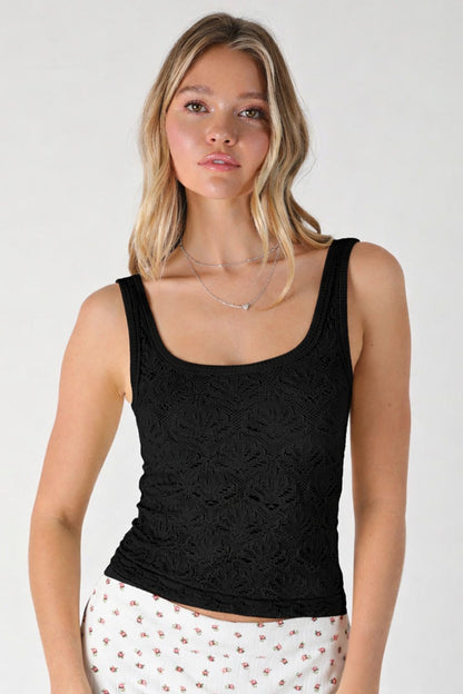 Black floral lace texture tank top, sleeveless with scoop neckline