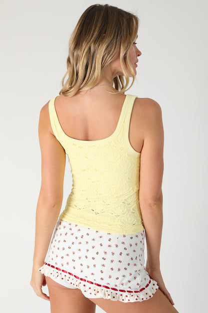 Pale banana floral lace tank top, scoop back and sleeveless racerback style