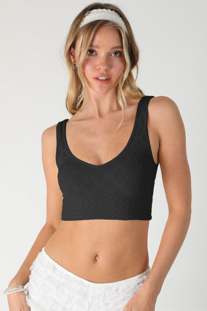 Reversible textured lace bra top, dark black scoop neckline and cropped fit