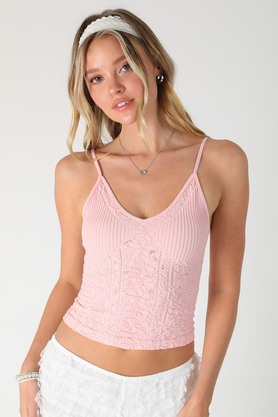 Textured lace cami in icy pink
