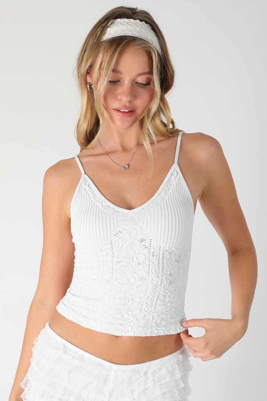 Textured lace cami in white front view