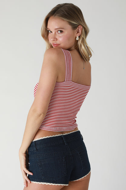 Modal striped square crop top in red and white back view