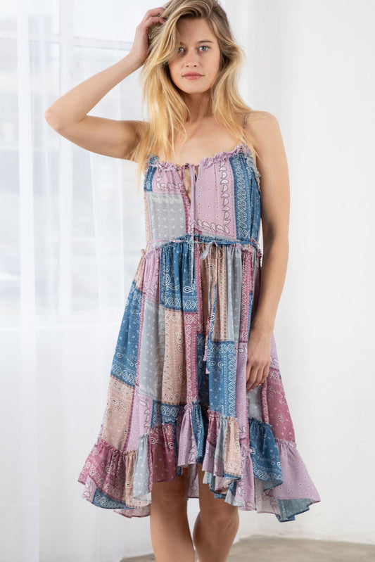 Patchwork tie-back sundress, spaghetti straps, tiered ruffle hem in lavender and blue