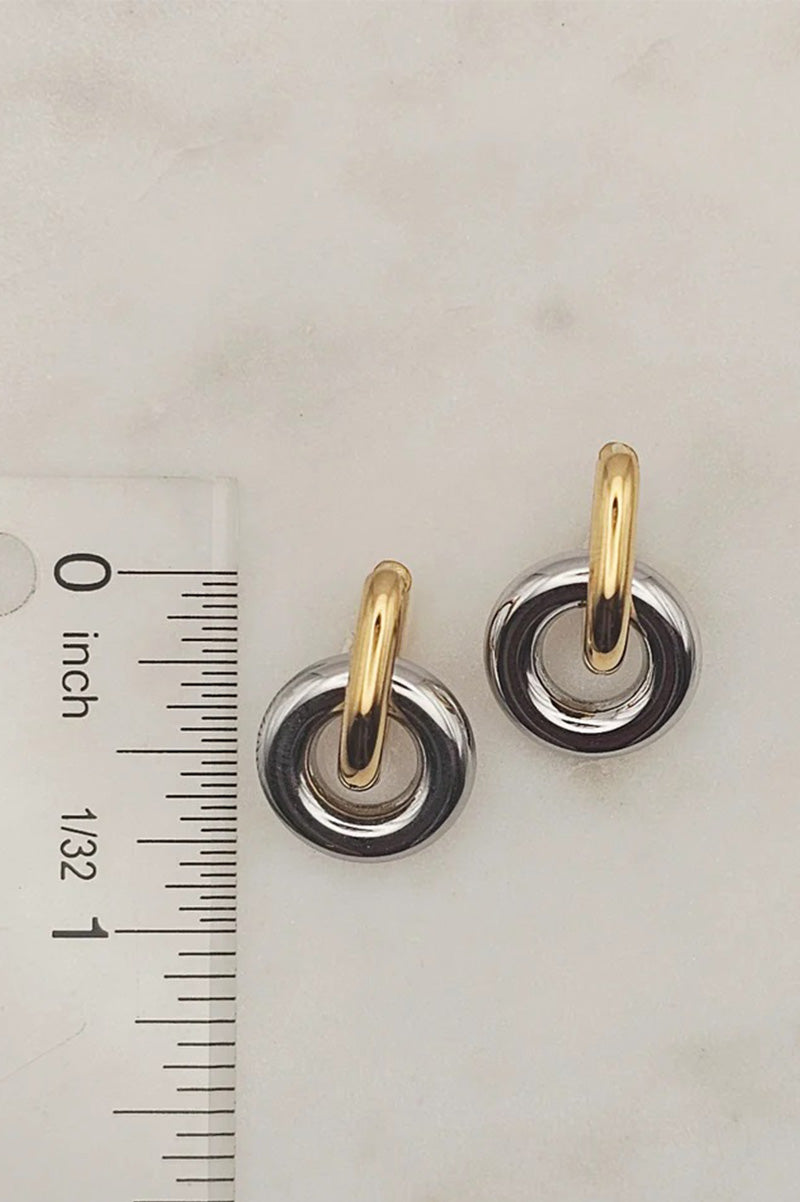 2 tone mini hoop earrings in gold and silver showing measurement of .75