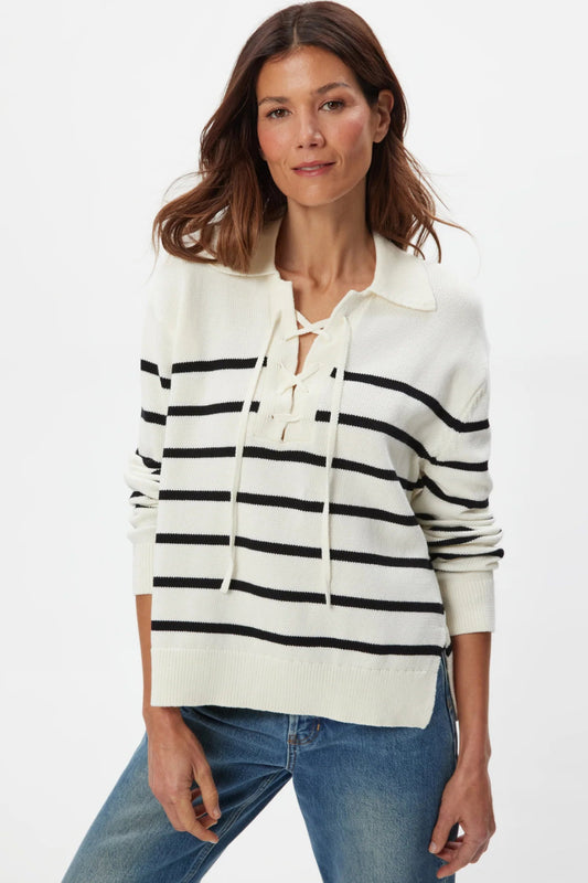 Adrienne collared pullover in ivory with black stripes front view