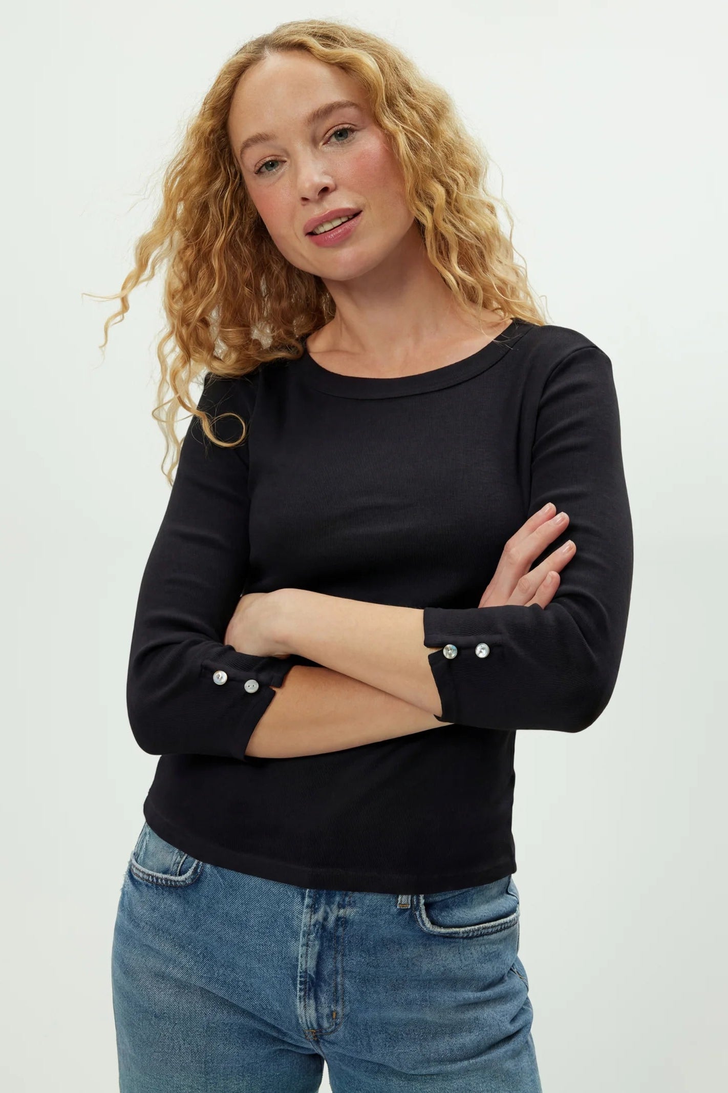 Joyce 3/4 button sleeve tee in black front view