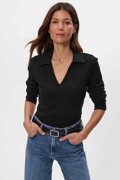 Liyah long sleeve collared top in black front view
