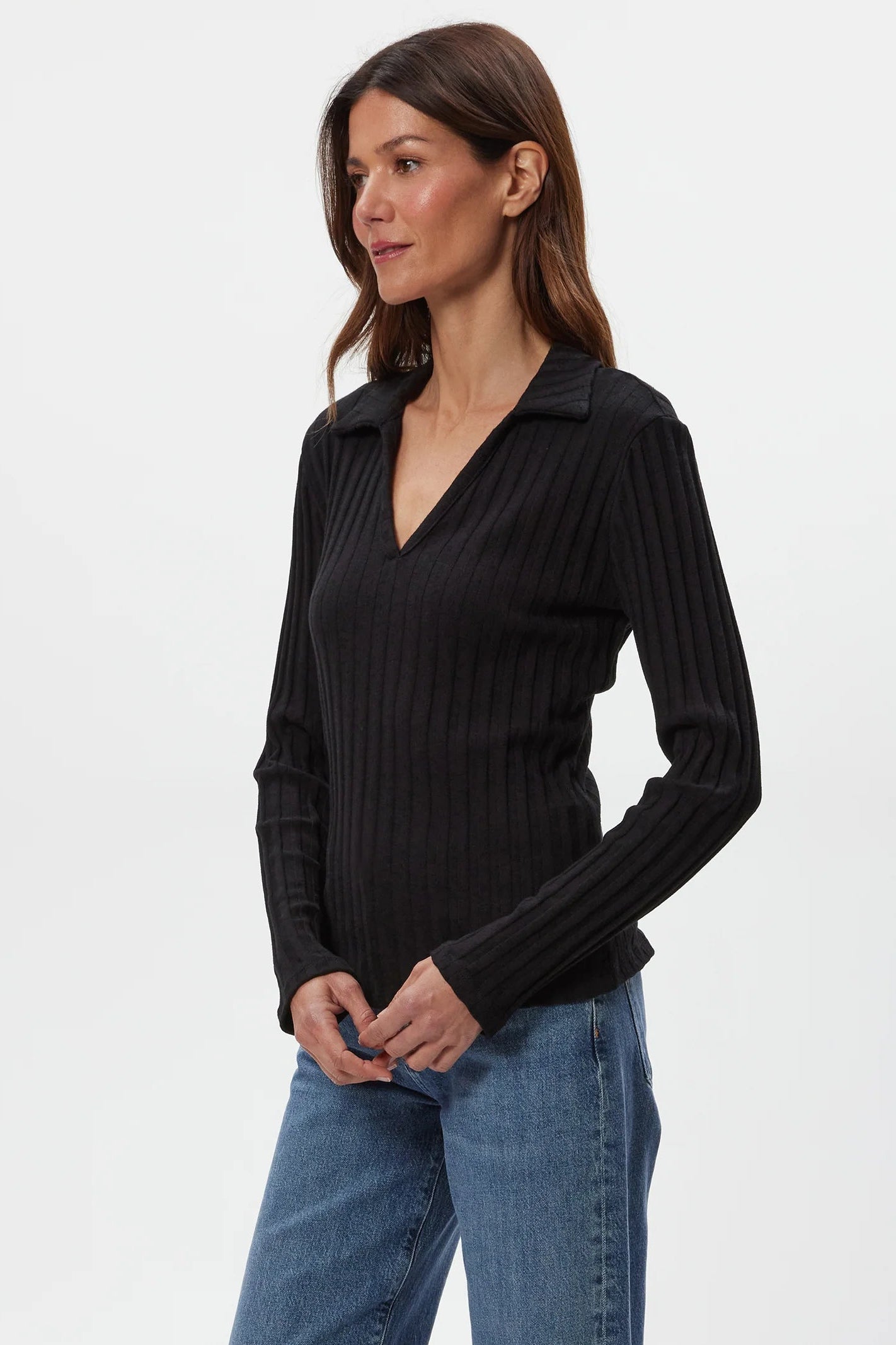 Liyah long sleeve collared top in black side view