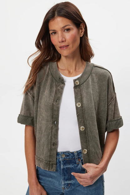Dark caper wide-sleeve cardigan with button front and banded cuffs