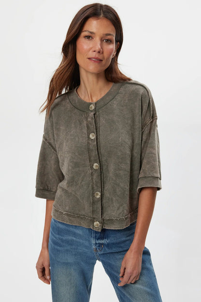 Dark caper short-sleeve cardigan with henley-style button front and relaxed fit