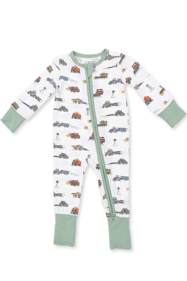 Farm Machines Convertible Romper Front view with sage cuffs