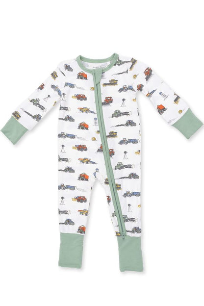Farm Machines Convertible Romper Front view with sage cuffs