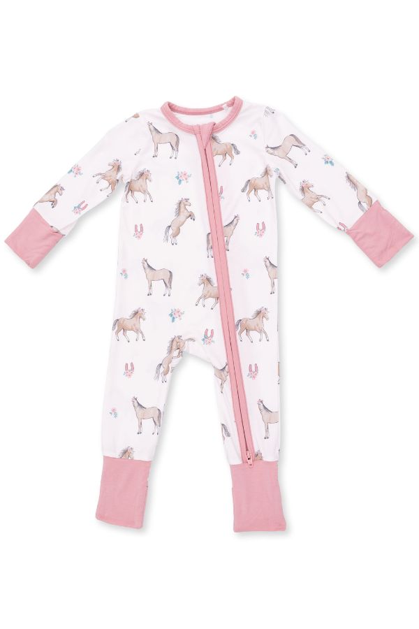 A baby long-sleeve footless sleeper with a pink zipper, featuring an all-over print of light brown horses on a white background, with pink cuffs and leg cuffs.