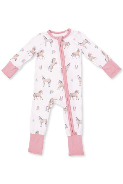 A baby long-sleeve footless sleeper with a pink zipper, featuring an all-over print of light brown horses on a white background, with pink cuffs and leg cuffs.