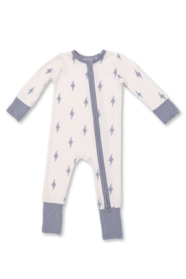 A baby long-sleeve footless one-piece sleeper with a front zipper, featuring a white base with a gray lightning bolt pattern and gray cuffs and collar.