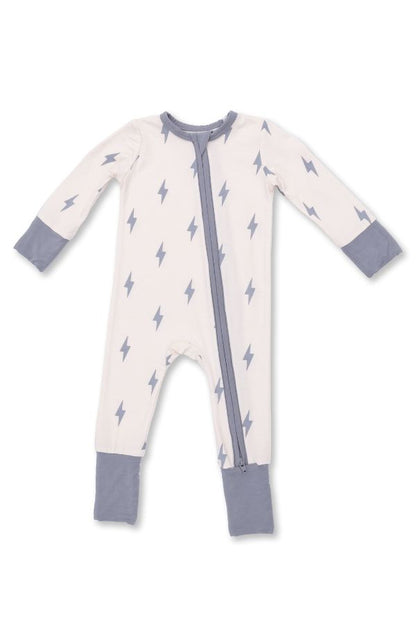 A baby long-sleeve footless one-piece sleeper with a front zipper, featuring a white base with a gray lightning bolt pattern and gray cuffs and collar.