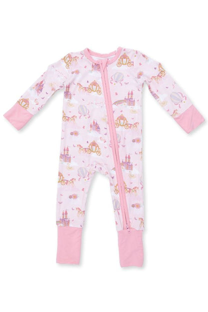 A baby long-sleeve footless zip-up sleeper in light pink, decorated with a whimsical princess unicorns print of castles, carriages, and unicorns, finished with solid pink cuffs and footings.