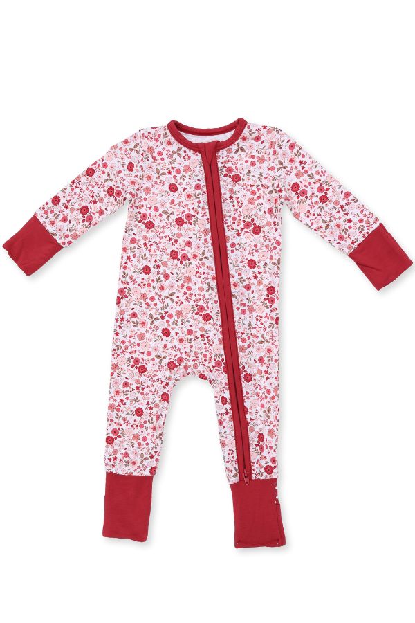 Serene Floral Convertible Romper with red cuffed sleeves, ankles and collar