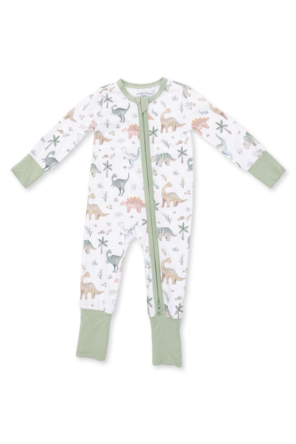 A baby long-sleeve footless one-piece sleeper with a front zipper, featuring a white background with a colorful sweet baby dinos print, finished with sage green cuffs and leg cuffs.