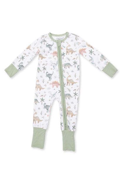 A baby long-sleeve footless one-piece sleeper with a front zipper, featuring a white background with a colorful sweet baby dinos print, finished with sage green cuffs and leg cuffs.