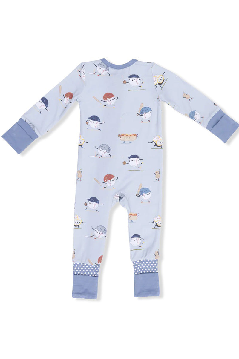 Convertible romper with long sleeves, winter penguin print, blue cuff trim, footed legs.