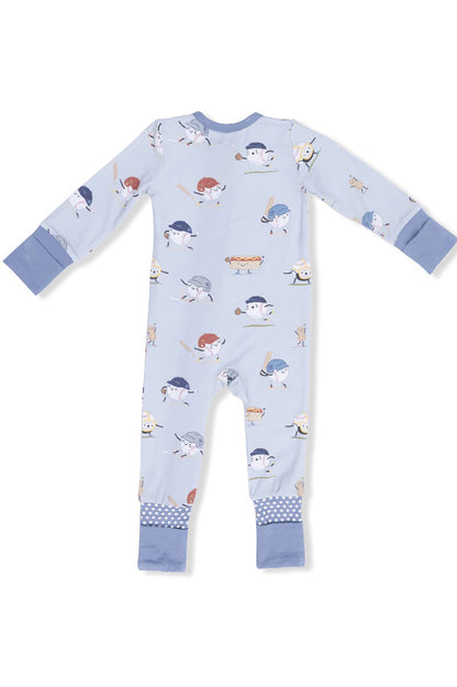 Convertible romper with long sleeves, winter penguin print, blue cuff trim, footed legs.