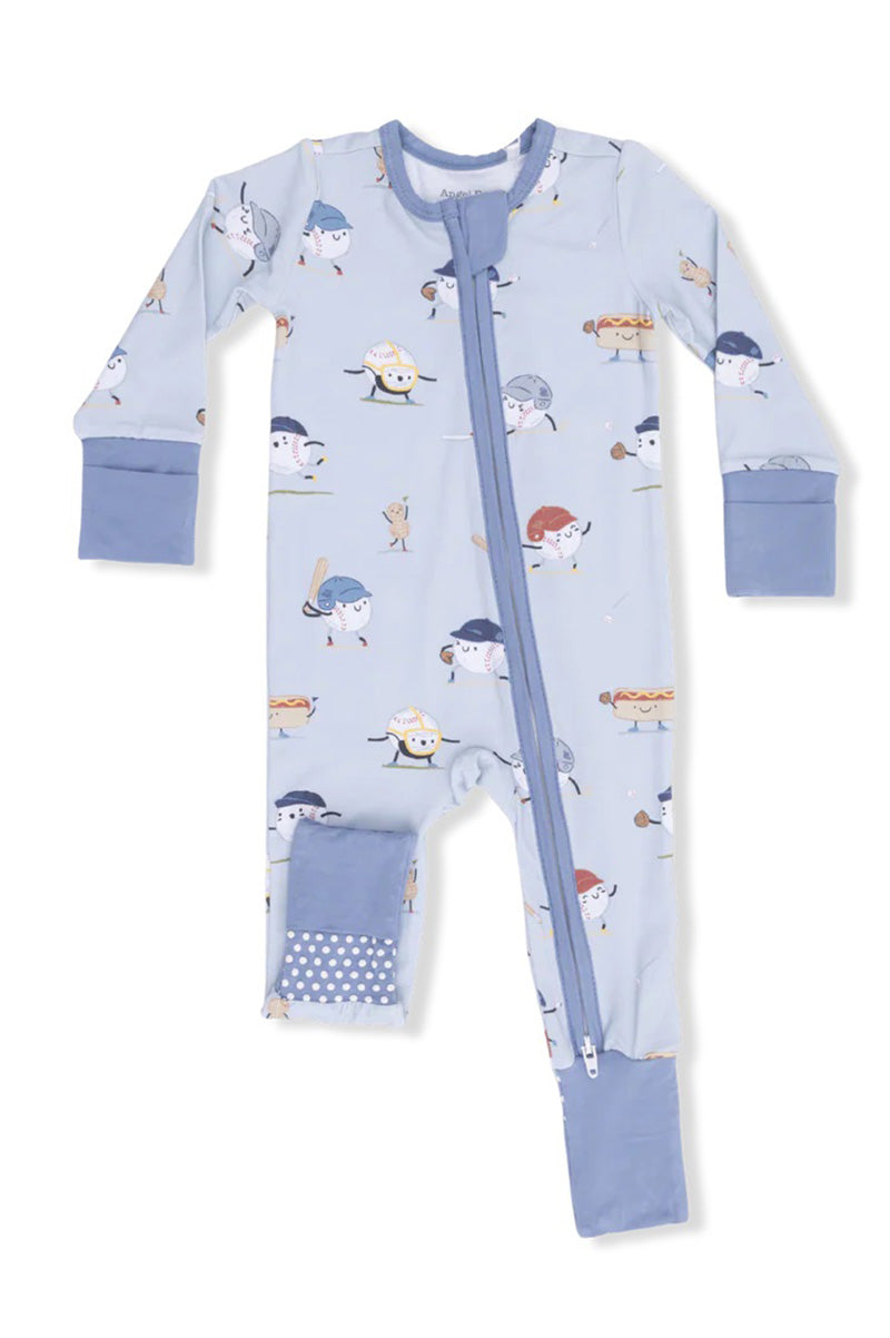 Convertible romper with long sleeves, penguin and burger print, front zipper, blue cuffs.