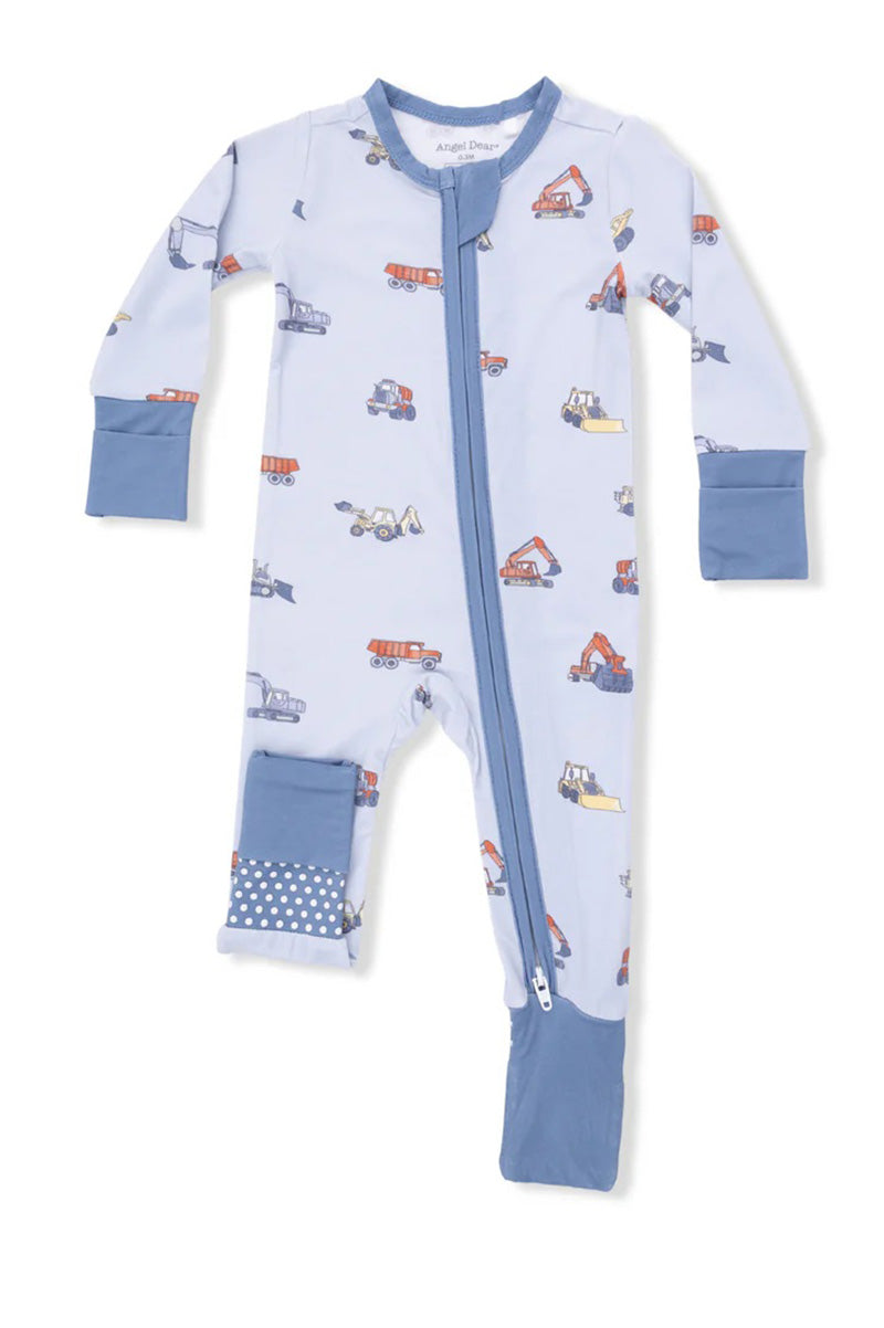 Convertible romper with long sleeves, construction vehicle print, front zipper, blue cuffs.