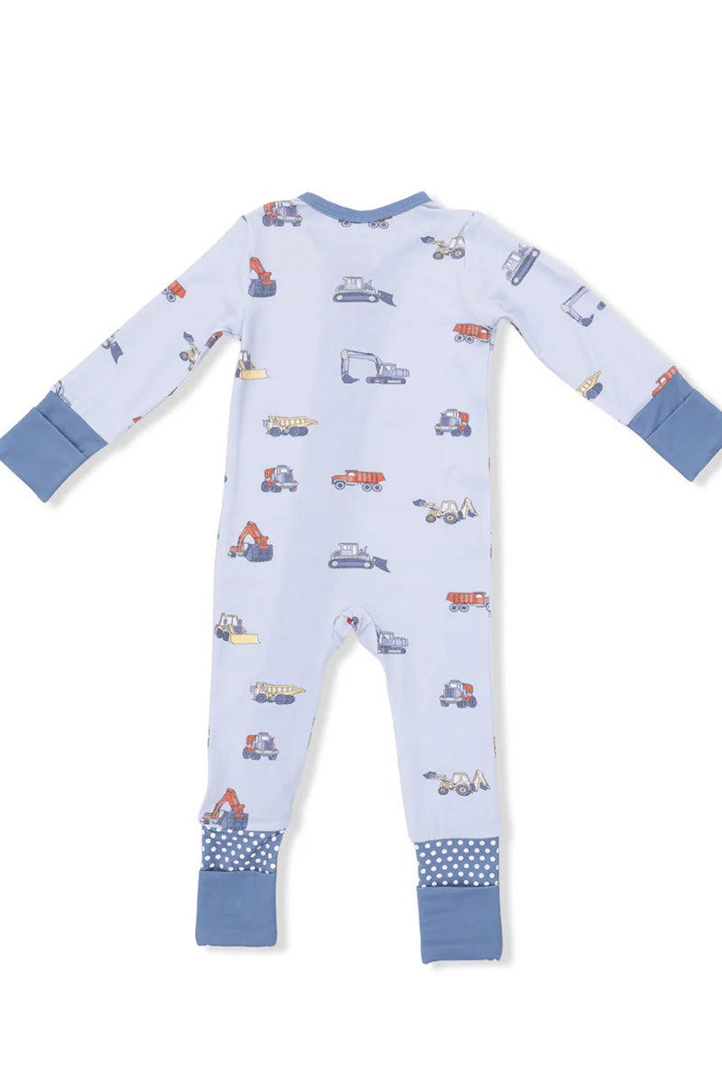 Convertible romper with long sleeves, vehicle pattern print, snap front zipper, blue cuffs.