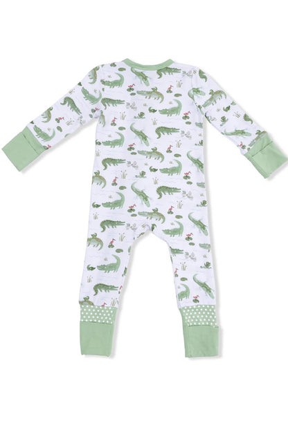 Convertible romper with long sleeves, dinosaur print, green cuff trim, footed legs.