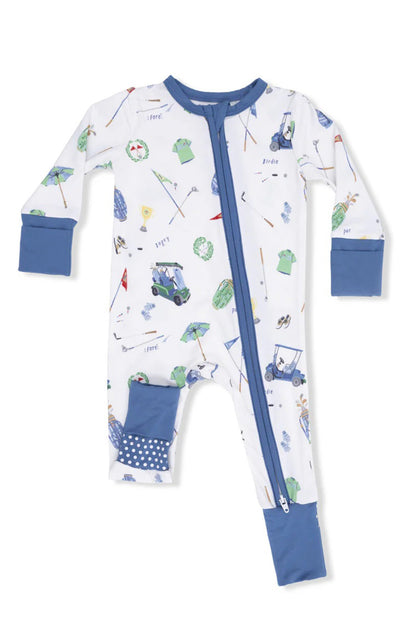 Convertible romper with long sleeves, golf and vehicles print, front zipper, blue cuffs.