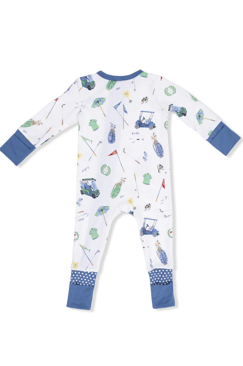 Printed baby romper, white with colorful golf graphics, long sleeves and blue cuff trim