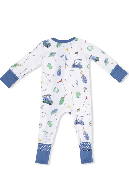 Printed baby romper, white with colorful golf graphics, long sleeves and blue cuff trim