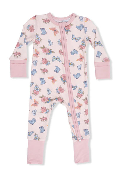 Convertible romper in country girl boots front view