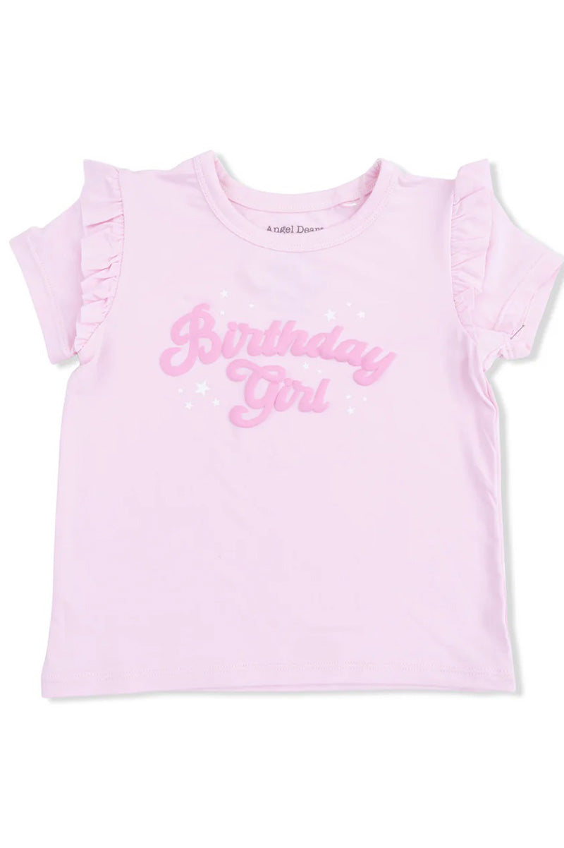 Pink ruffle-sleeve tee with Birthday Girl front graphic