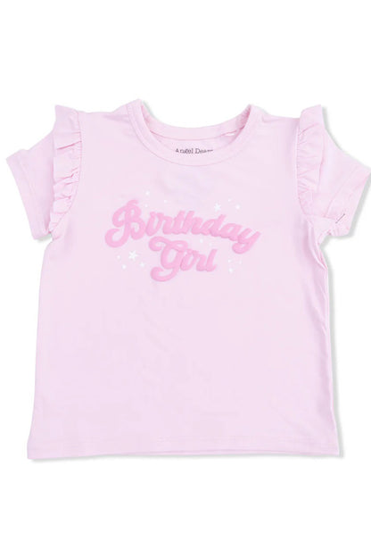 Pink ruffle-sleeve tee with Birthday Girl front graphic