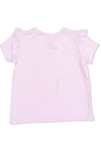 Pink ruffle-sleeve tee, back view, plain