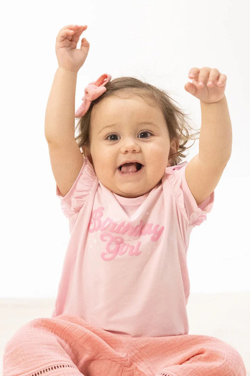 Pink ruffle-sleeve toddler tee with Birthday Girl text graphic