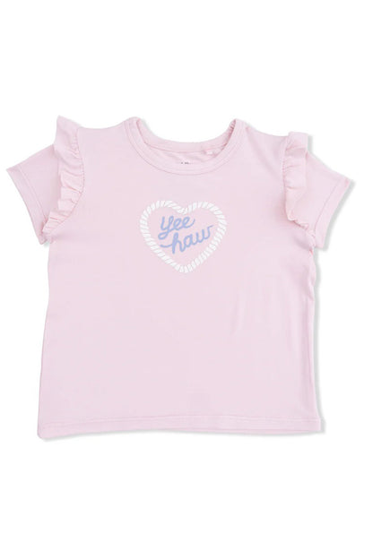 Ruffle tee in yee haw cowgirl front view