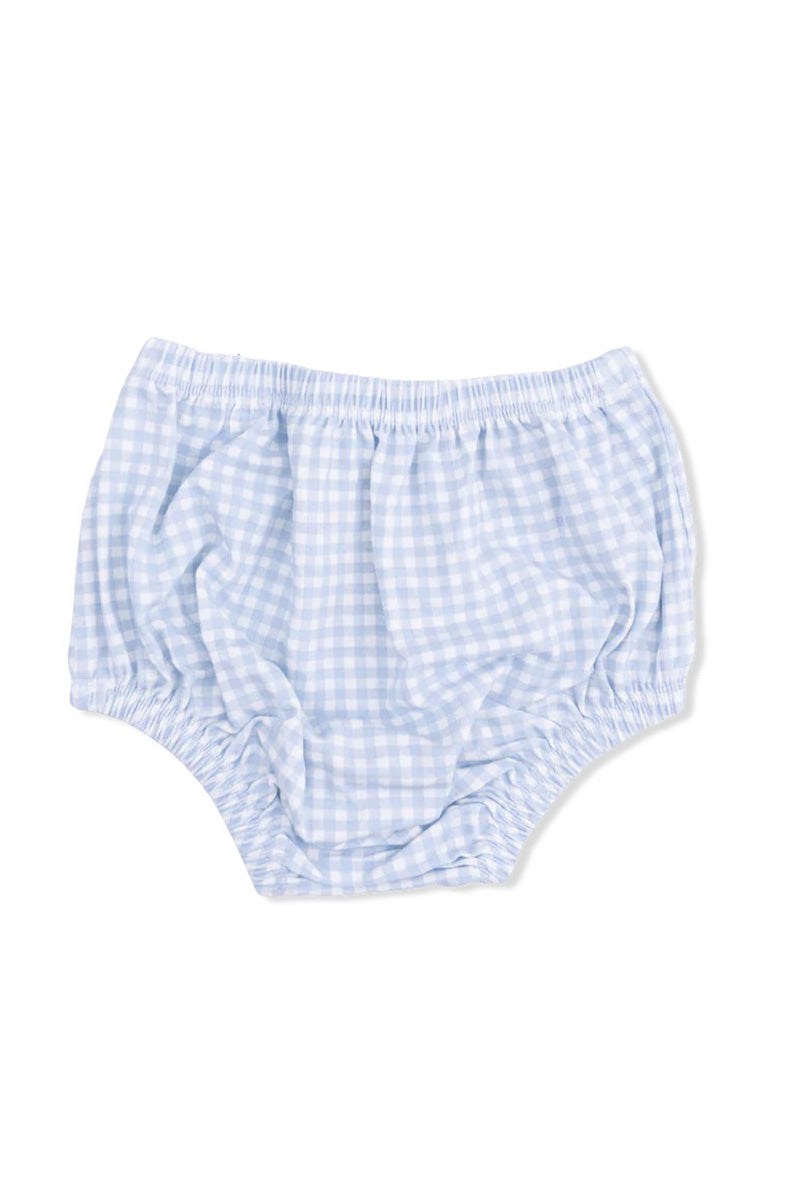 Light blue gingham toddler bloomers with elastic waistband; plain front